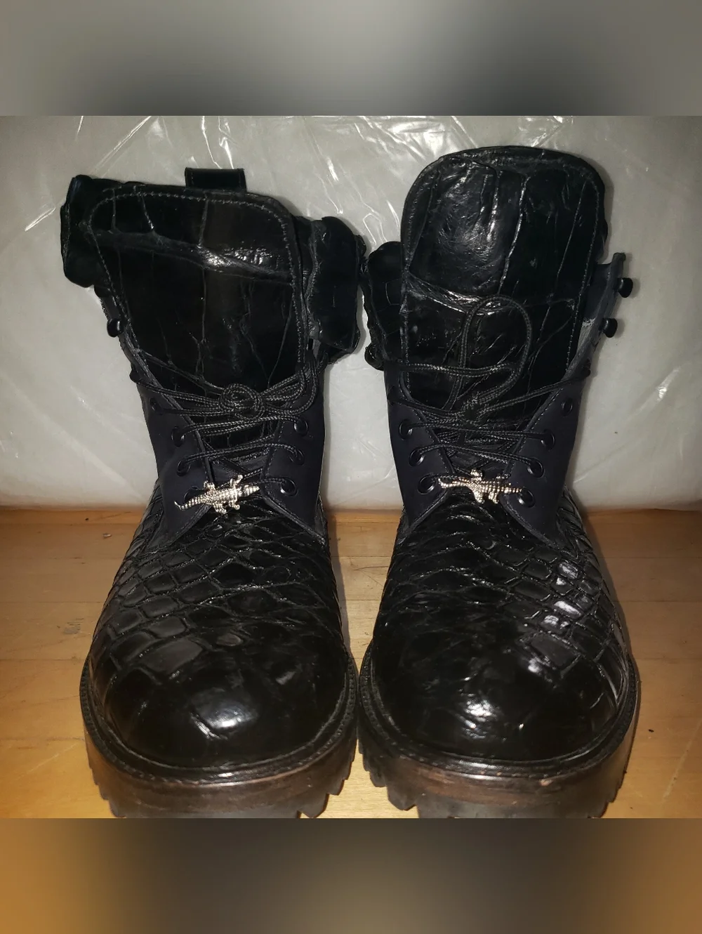 Genuine Alligator Skin Black On Black Combat Boots Men 9 READ Below